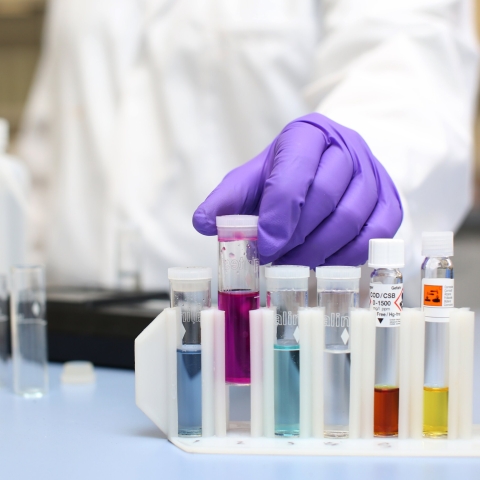 A laboratory worker handling test tubes