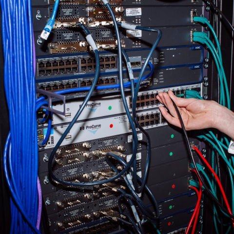 Close-up shot of computers in server room
