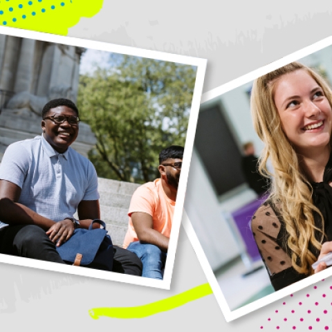 Collage of Portsmouth students in sun and holding a prospectus