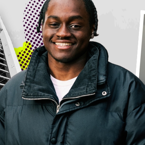A male student smiling and a female student studying in halls