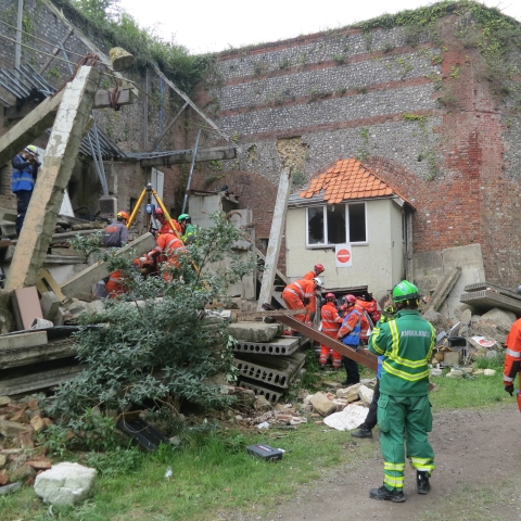 Disaster recovery team cleaning up rubble