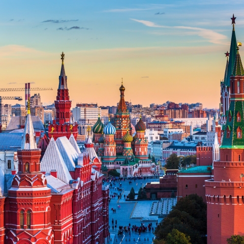 Russian city skyline at dusk