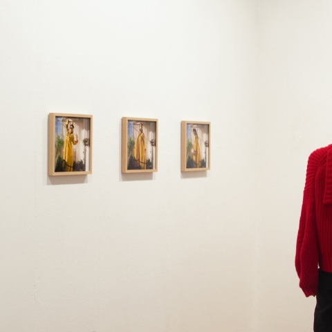 Two people looking at photographs on wall at exhibition