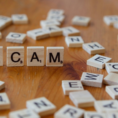 An array of Scrabble letter tiles on a wooden table top with four tiles standing upright to spell the word SCAM.  Photo credit Unsplash