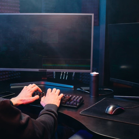 Person with a black hood up typing on a computer