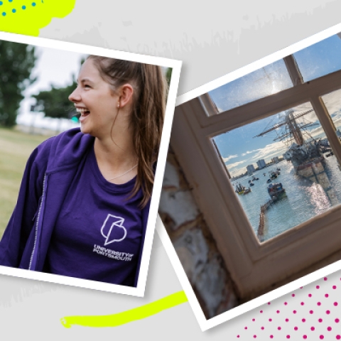 Students laughing on Portsmouth campus, and a view of the historic dockyard.