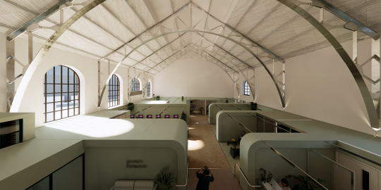 Artists's rendering of the Wiltshire Building, showing natural light coming through large windows 