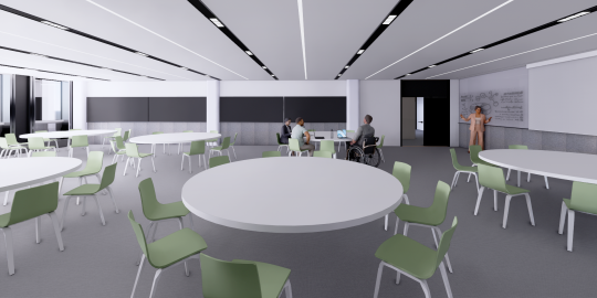Modern classroom with large circular tables and chairs
