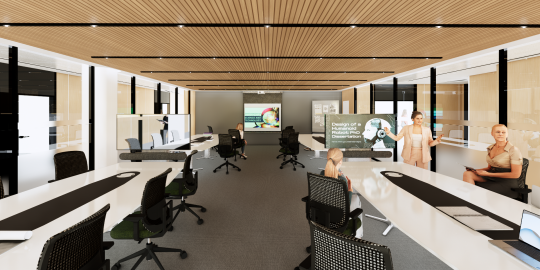 Social learning space with desks and chairs