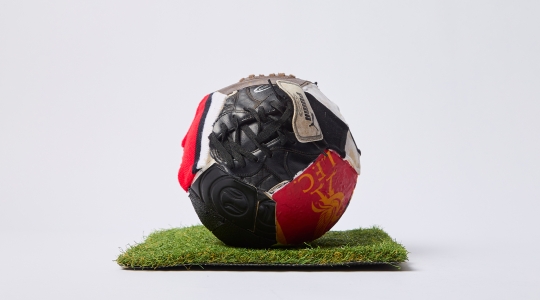 football stitched together with various materials by Matthew Pearce