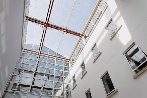 Sky through roof of Portland building