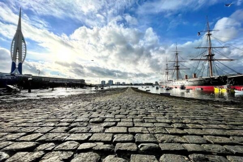 Looking out to the harbour with Spinnaker Tower on the left and the Warrior Ship on the right