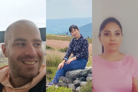 A collage of 3 people either smiling at or away from the camera