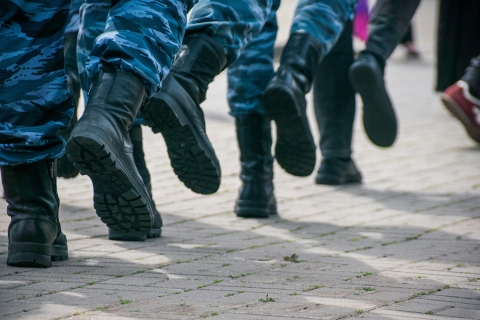 Legs and boots of Russian soldiers marching