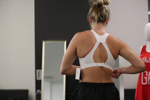Vitality Roses athlete getting a bra fitted by University of Portsmouth experts