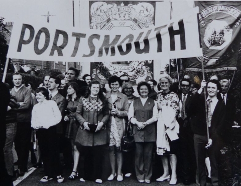 A black and white photo showing a group of women activists in Portsmouth