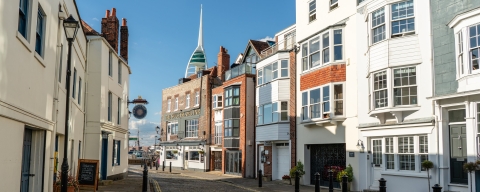 Old Portsmouth street with Spinnaker Tower in the background