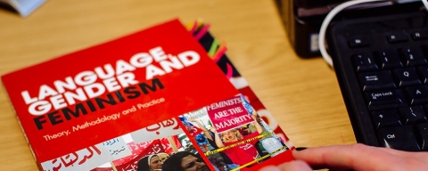 A book on a desk called Language, Gender and Feminism