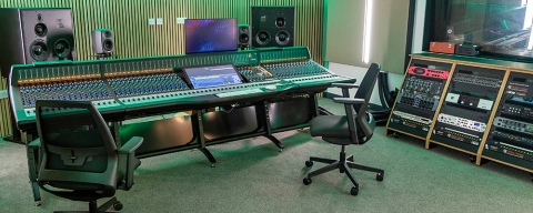 Music studio with lighting and mixing deck