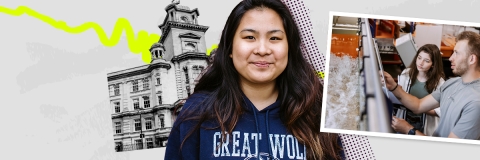 A female student smiling at the camera and a college student at a university event