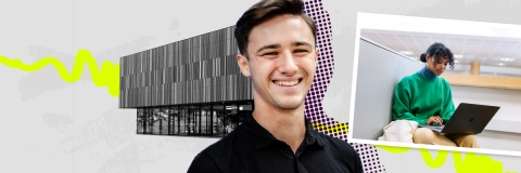 A male student smiling and a female student with a laptop