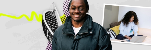 A male student smiling and a female student studying in halls