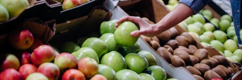 Woman's hand picks up a green apple from a crate of green apples