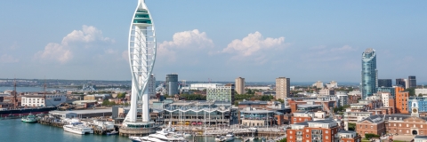 Aerial view of Portsmouth, with the Spinnaker tower in the forefront