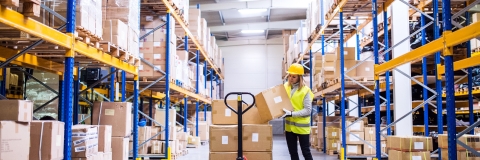Female warehouse working checking tablet
