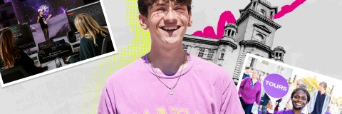 Student in pink shirt smiling with postcard photos showing open day tours