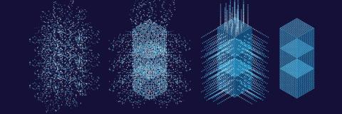 A visual interpretation of data represented by coloured dots appearing at first scattered in space, then becoming organised into a structure