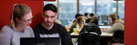 students in library working together