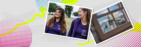 Students laughing on Portsmouth campus, and a view of the historic dockyard.