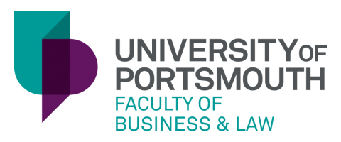 Logo of the University of Portsmouth Faculty of Business and Law, featuring a stylised U and P emblem in teal and purple to the left of the text.