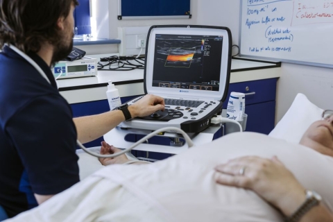 On screen there is an image of a brachial artery - the main artery that supplies oxygenated blood to the arm.