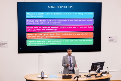 Professor Vikas Kumar giving the keynote in a lecture theatre