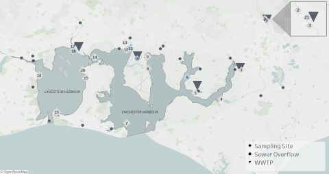 Site map showing sampling locations, sewer overflow spots and wastewater treatment plants.