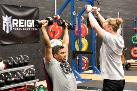 Participant with Alistair Raddon, BSc Sport and Exercise Science student at the University of Portsmouth © Karen Bornhoft/University of Portsmouth
