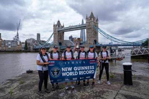 Six female ocean rowers celebrating setting a world record