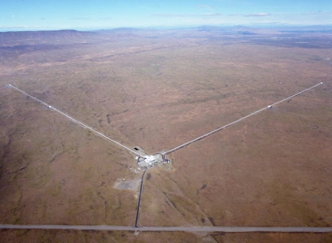 Aerial image of the Laser Interferometer Gravitational Wave Observatory detector in Hanford, Washington
