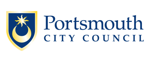 Logo of Portsmouth City Council featuring a blue and gold crest with a gold crescent and starburst design, alongside the text 'Portsmouth City Council' in blue.