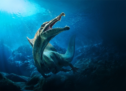 Computer generated image of a Spinosaurus dinosaur, swimming underwater