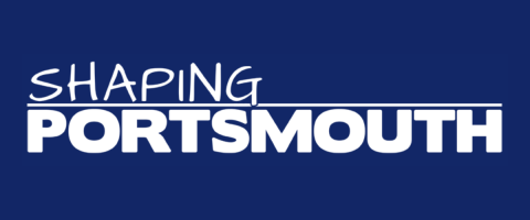 Shaping Portsmouth logo featuring the word 'Shaping' in a handwritten-style font above 'Portsmouth' in bold block capitals, both in white on a dark blue background with a horizontal line dividing the two.