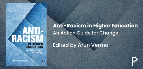 A banner advertising Arun Verma's book Anti-Racism in Higher Education: An Action Guide for Change with a picture of the front cover
