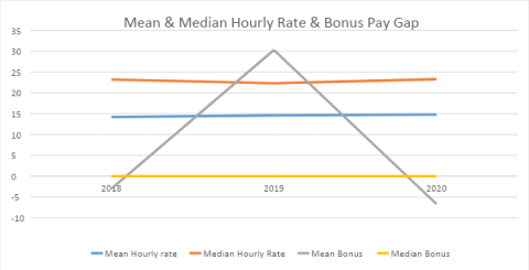 Mean and median hourly rate and bonus pay gap results in a graph