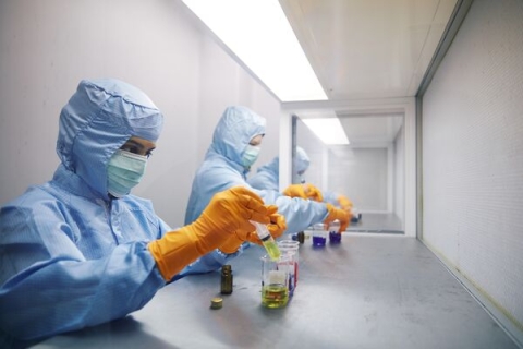 Pharmacology students experimenting with syringe in lab