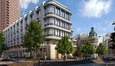 Technology building design with trees