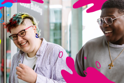 Two students smiling and laughing together