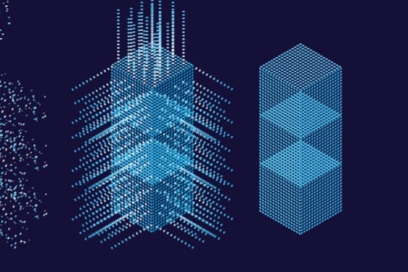 A visual interpretation of data represented by coloured dots appearing at first scattered in space, then becoming organised into a structure