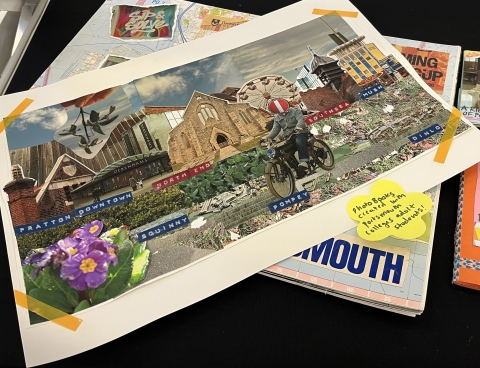 An image from the Storming the Teacup exhibition, featuring a collage with various Portsmouth landmarks, with typewriter style text of places around Portsmouth. A person on a motorbike with a stop sign over their head is prominent in the foreground. The label for the piece says 'Photo Books created with Portsmouth College's adult students'